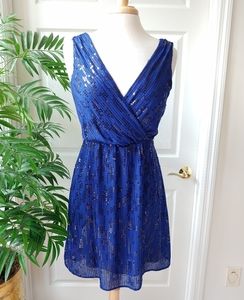 Express Sequin V Neck Fit & Flare Mini Dress Blue XS